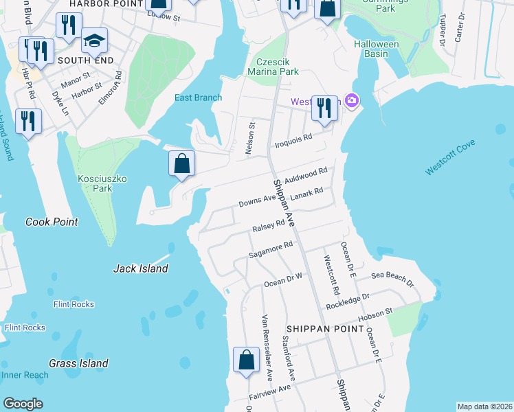 map of restaurants, bars, coffee shops, grocery stores, and more near 34 Downs Avenue in Stamford