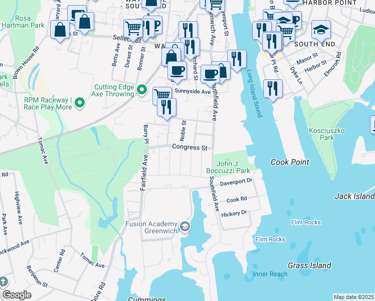 map of restaurants, bars, coffee shops, grocery stores, and more near 36 Congress Street in Stamford