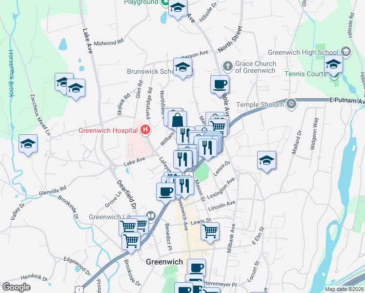 map of restaurants, bars, coffee shops, grocery stores, and more near in Greenwich