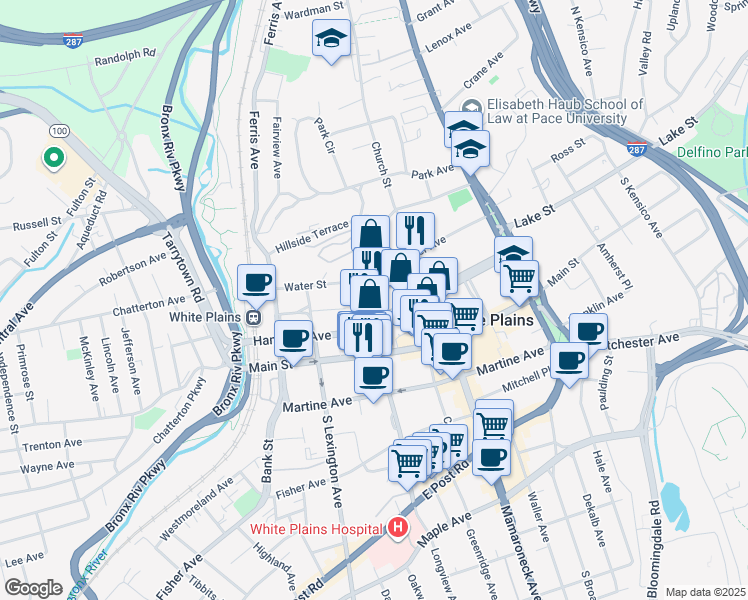 map of restaurants, bars, coffee shops, grocery stores, and more near 200 Hamilton Avenue in White Plains