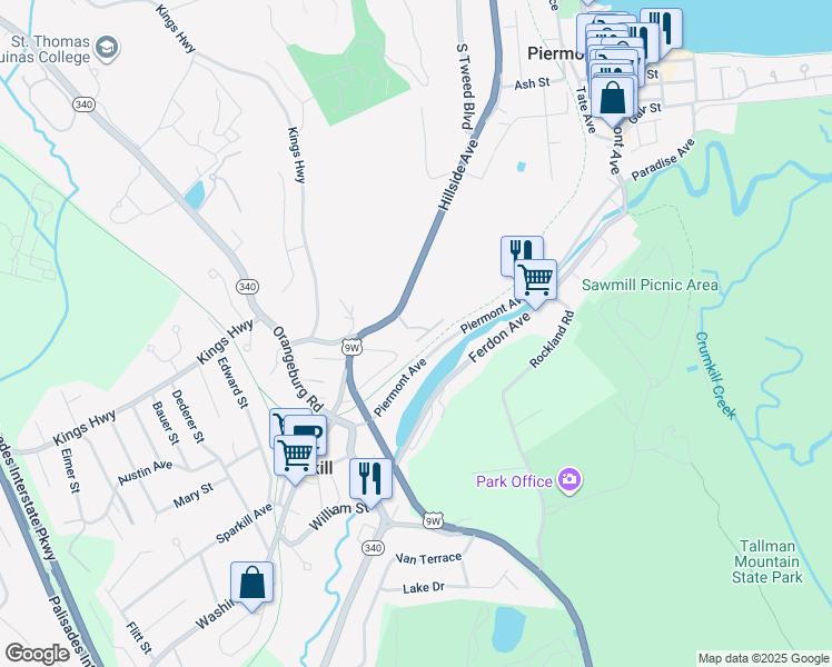 map of restaurants, bars, coffee shops, grocery stores, and more near 22 Roundtree Circle in Piermont