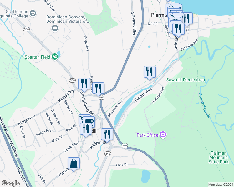 map of restaurants, bars, coffee shops, grocery stores, and more near 22 Roundtree Circle in Piermont