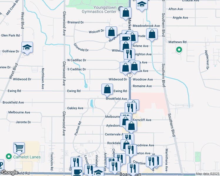 map of restaurants, bars, coffee shops, grocery stores, and more near 104 Ewing Rd in Youngstown