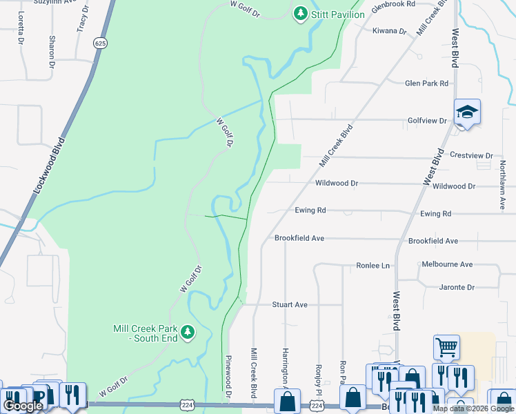 map of restaurants, bars, coffee shops, grocery stores, and more near 886 Ewing Road in Youngstown