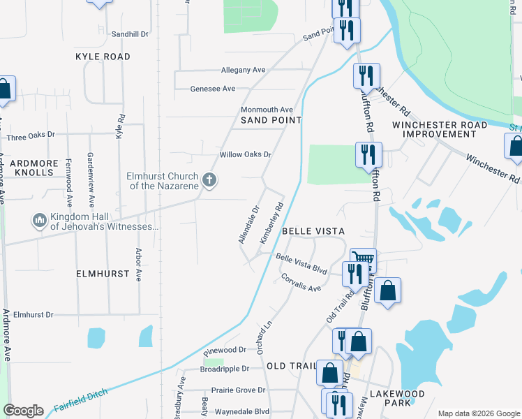 map of restaurants, bars, coffee shops, grocery stores, and more near 5605 Allendale Drive in Fort Wayne