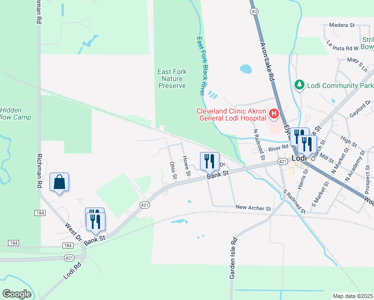map of restaurants, bars, coffee shops, grocery stores, and more near 122 Howe Street in Lodi