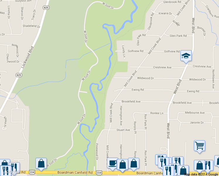 map of restaurants, bars, coffee shops, grocery stores, and more near 886 Ewing Road in Youngstown