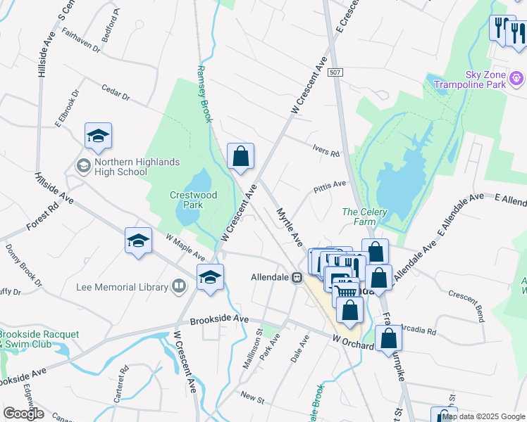 map of restaurants, bars, coffee shops, grocery stores, and more near 36 Crestwood Mews in Allendale
