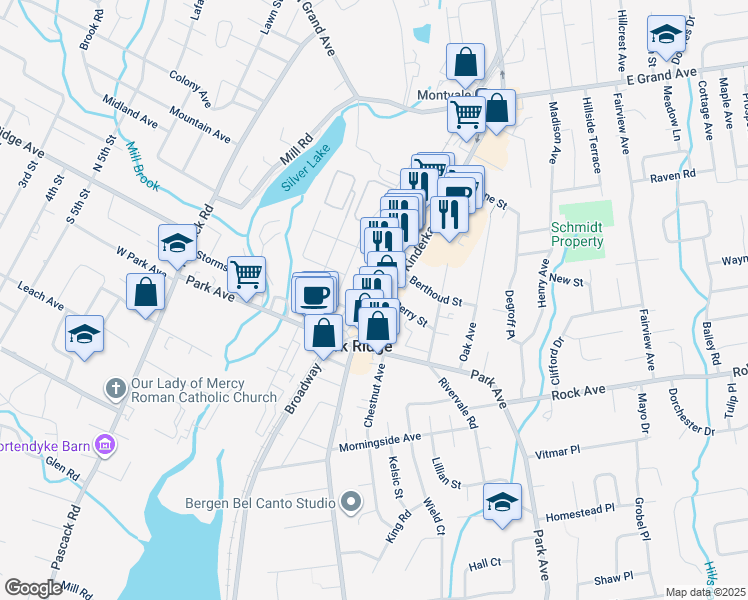 map of restaurants, bars, coffee shops, grocery stores, and more near 140 Kinderkamack Road in Park Ridge