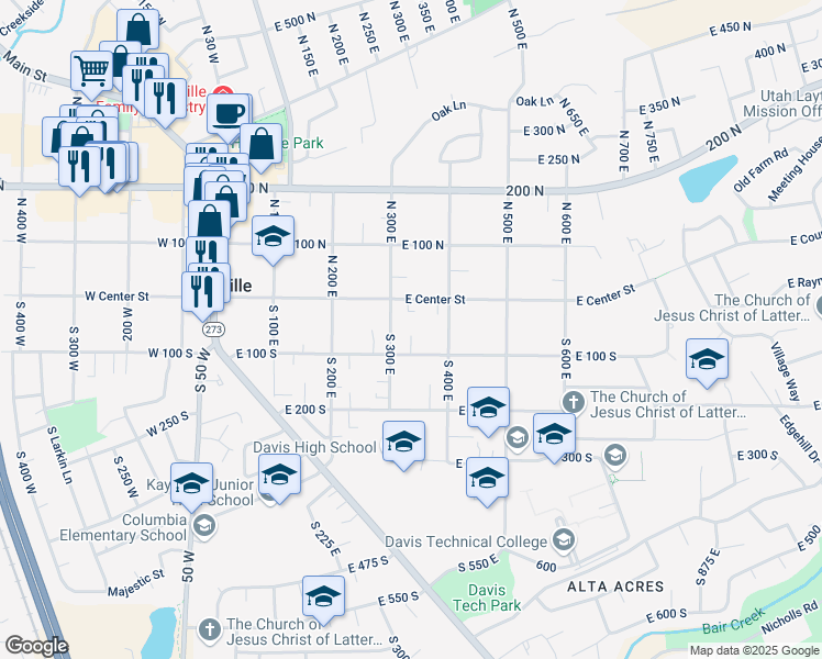 map of restaurants, bars, coffee shops, grocery stores, and more near 331 East 100 South in Kaysville