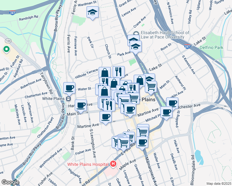 map of restaurants, bars, coffee shops, grocery stores, and more near 200 Hamilton Avenue in White Plains