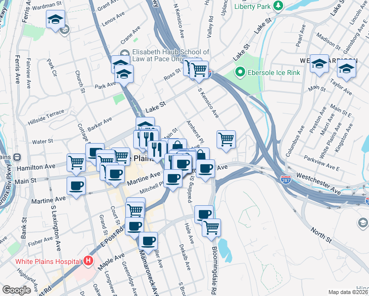 map of restaurants, bars, coffee shops, grocery stores, and more near 25 Franklin Avenue in White Plains