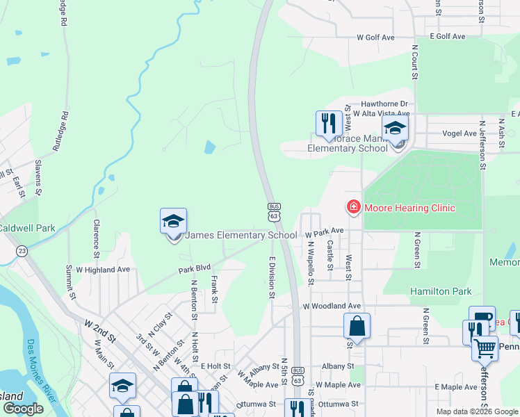 map of restaurants, bars, coffee shops, grocery stores, and more near Highway 149 in Ottumwa
