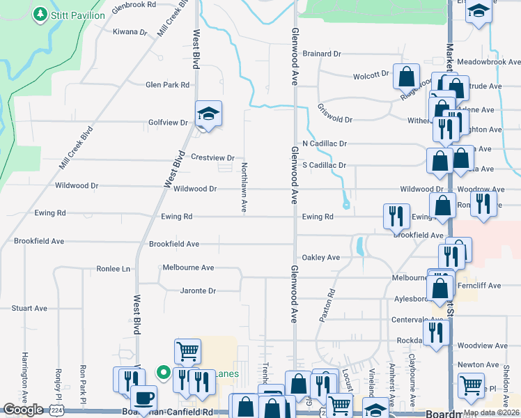 map of restaurants, bars, coffee shops, grocery stores, and more near 342 Ewing Road in Youngstown