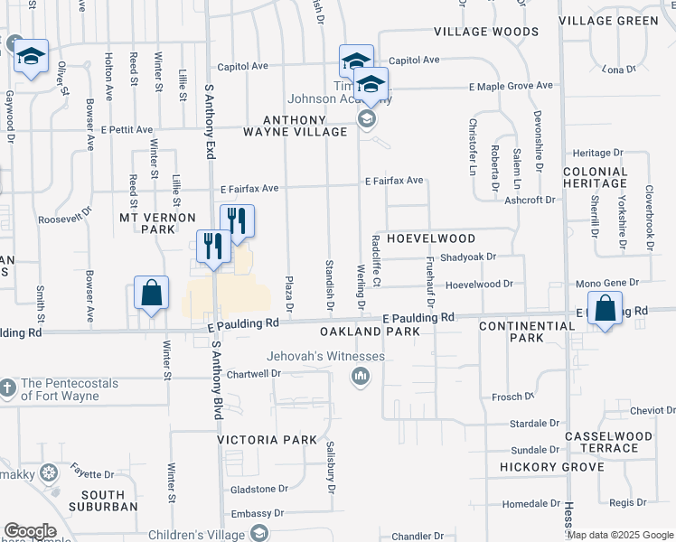 map of restaurants, bars, coffee shops, grocery stores, and more near 5605 Standish Dr in Fort Wayne