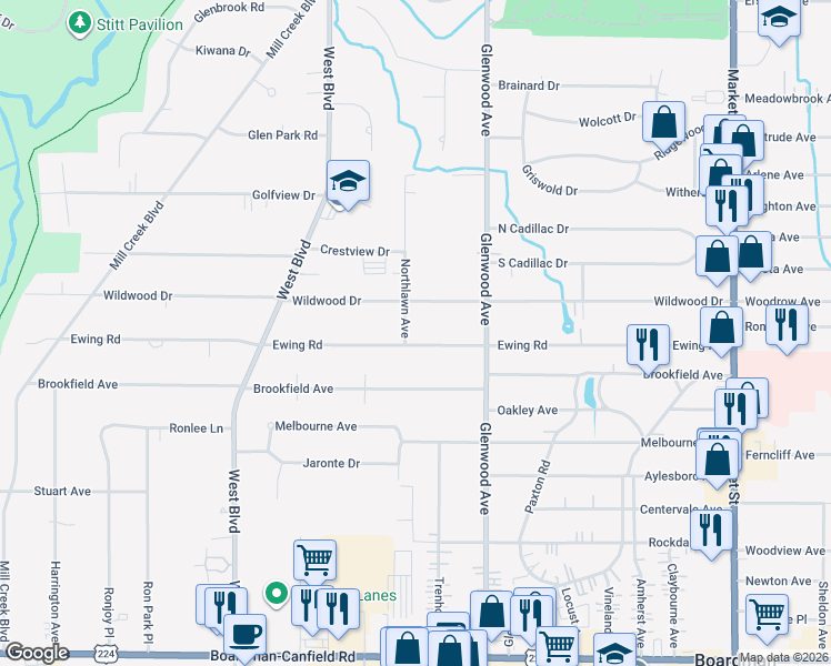 map of restaurants, bars, coffee shops, grocery stores, and more near 342 Ewing Road in Youngstown