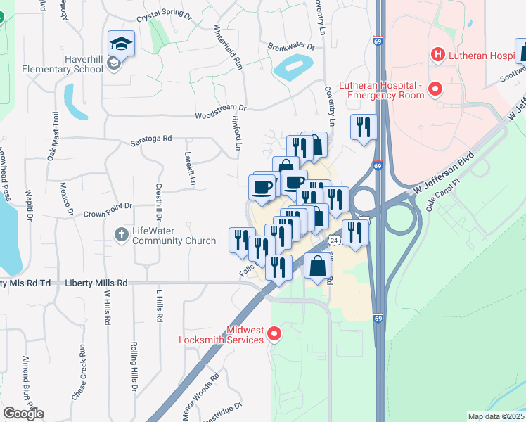 map of restaurants, bars, coffee shops, grocery stores, and more near 5655 Coventry Lane in Fort Wayne
