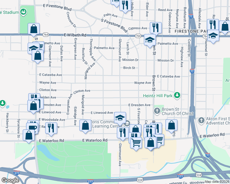 map of restaurants, bars, coffee shops, grocery stores, and more near 308 Clinton Avenue in Akron