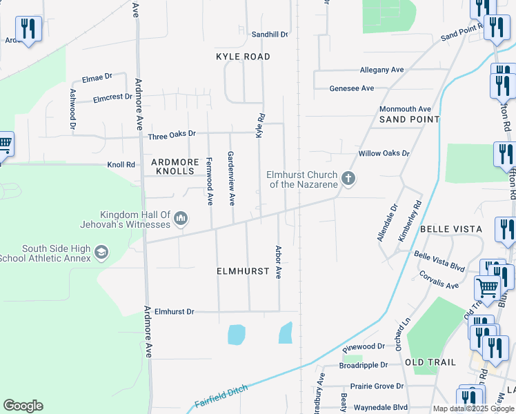 map of restaurants, bars, coffee shops, grocery stores, and more near in Fort Wayne