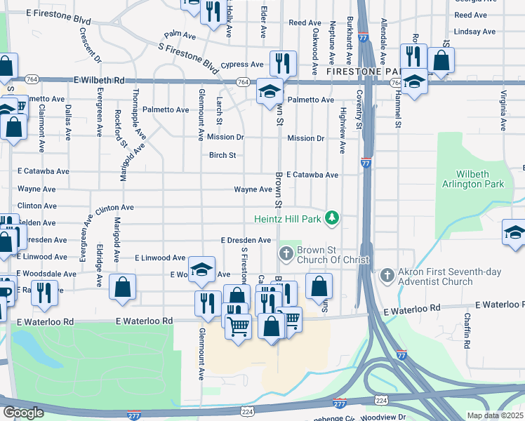 map of restaurants, bars, coffee shops, grocery stores, and more near 430 Clinton Avenue in Akron