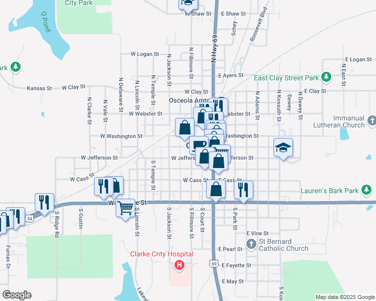 map of restaurants, bars, coffee shops, grocery stores, and more near 120 South Fillmore Street in Osceola
