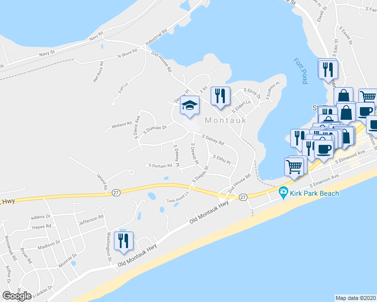 map of restaurants, bars, coffee shops, grocery stores, and more near 25 South Dewitt Place in Montauk