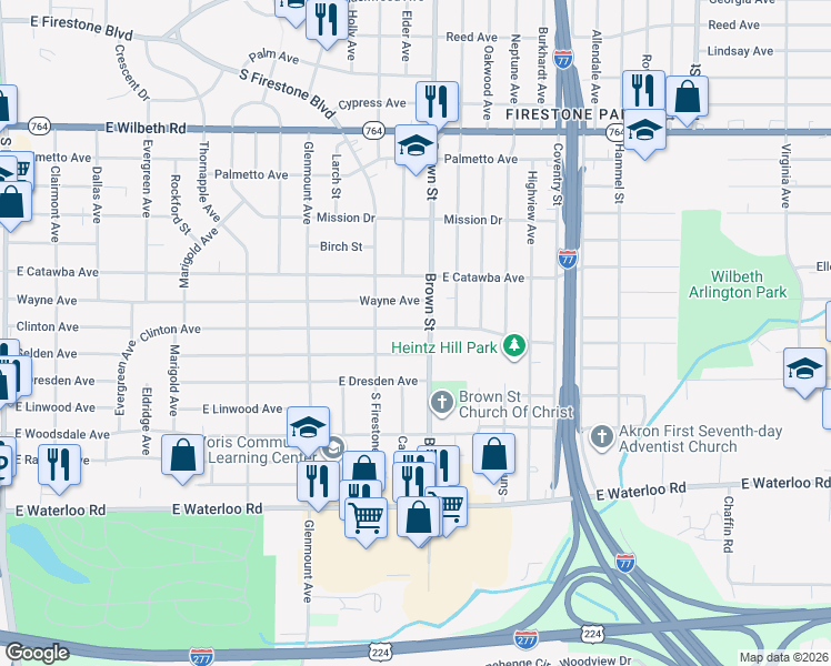 map of restaurants, bars, coffee shops, grocery stores, and more near 442 Clinton Avenue in Akron