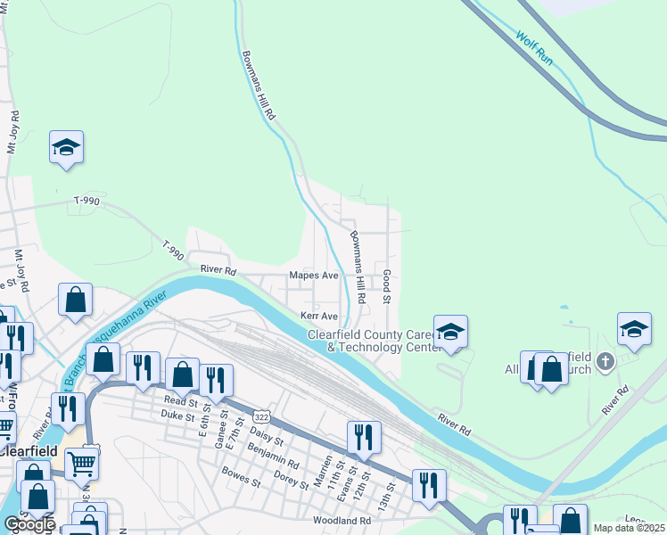 map of restaurants, bars, coffee shops, grocery stores, and more near 227 Mapes Avenue in Clearfield