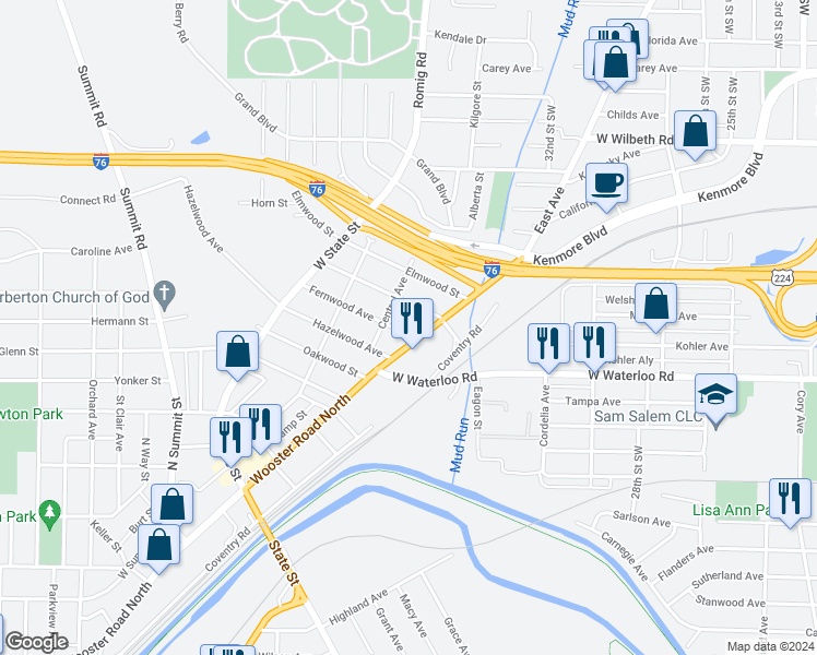 map of restaurants, bars, coffee shops, grocery stores, and more near 53 Fernwood Avenue in Barberton