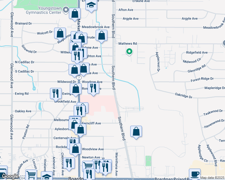 map of restaurants, bars, coffee shops, grocery stores, and more near 6400 Southern Boulevard in Youngstown