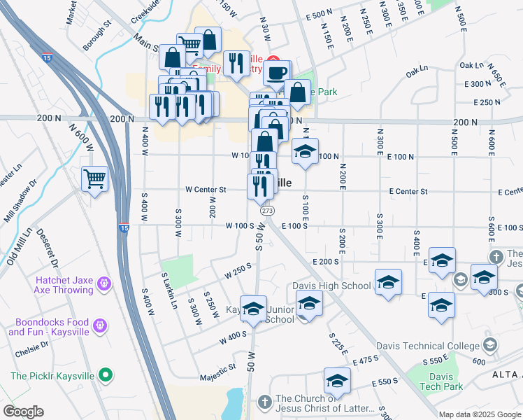 map of restaurants, bars, coffee shops, grocery stores, and more near 66 South Main Street in Kaysville