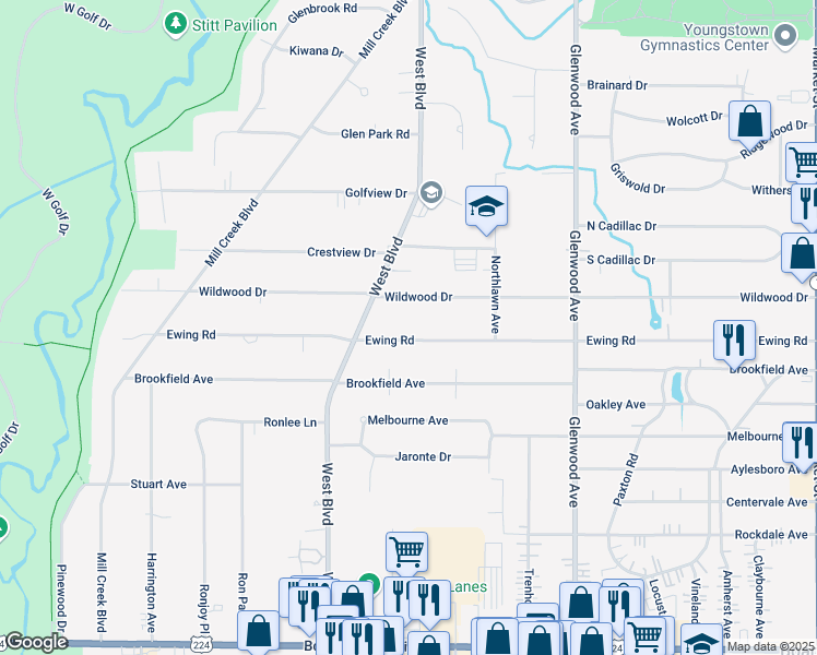 map of restaurants, bars, coffee shops, grocery stores, and more near 470 Ewing Rd in Youngstown