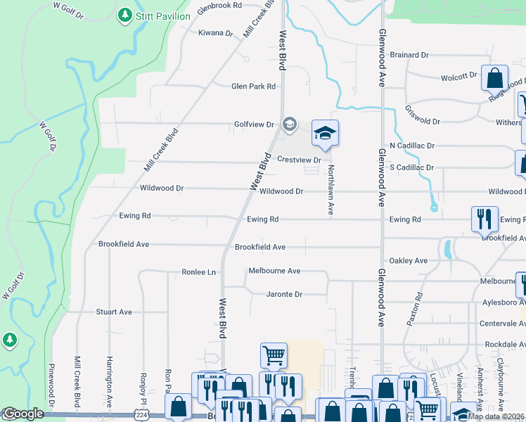 map of restaurants, bars, coffee shops, grocery stores, and more near 470 Ewing Road in Youngstown