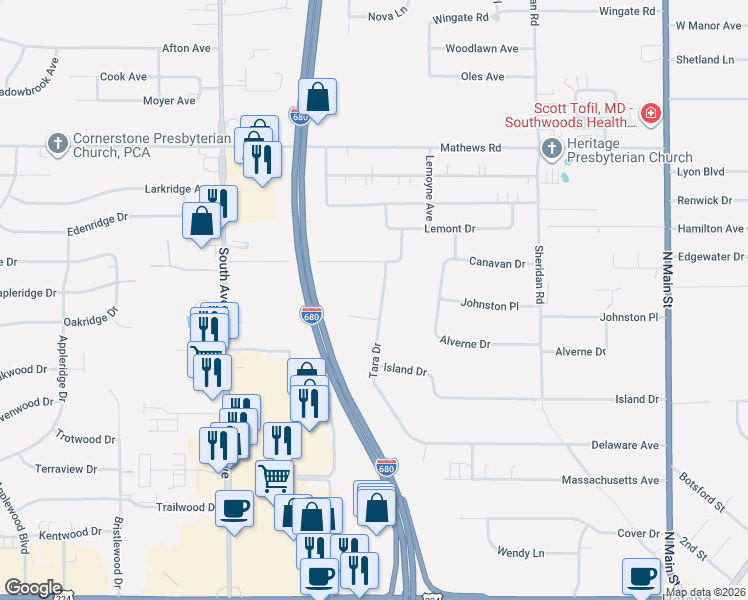 map of restaurants, bars, coffee shops, grocery stores, and more near 6328 Tara Drive in Poland