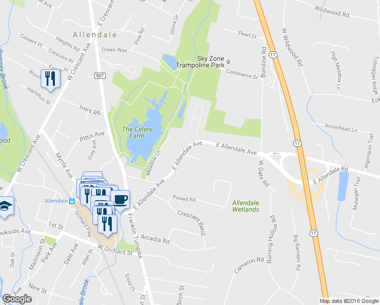 map of restaurants, bars, coffee shops, grocery stores, and more near 200 East Allendale Avenue in Allendale