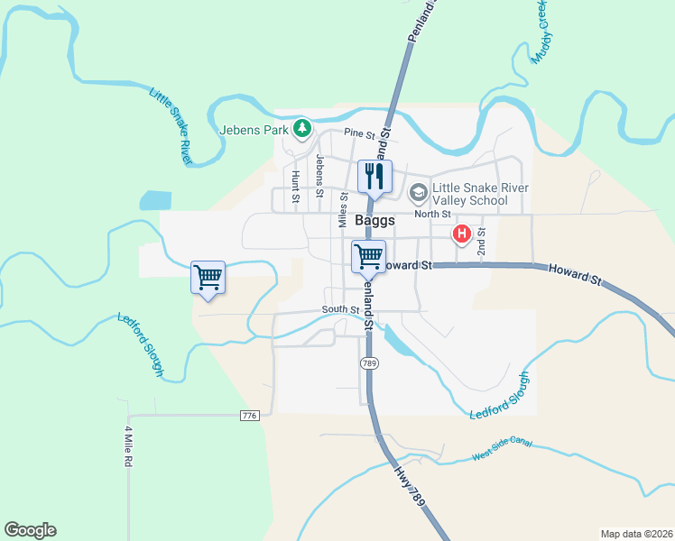 map of restaurants, bars, coffee shops, grocery stores, and more near Howard St in Baggs