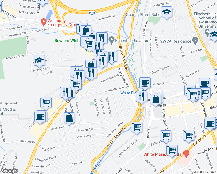 map of restaurants, bars, coffee shops, grocery stores, and more near 75 Harding Avenue in White Plains
