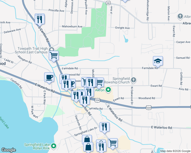 map of restaurants, bars, coffee shops, grocery stores, and more near 2828 Linwood Road in Akron