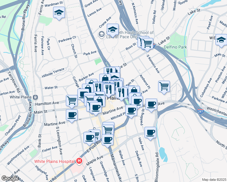 map of restaurants, bars, coffee shops, grocery stores, and more near One North Broadway in White Plains