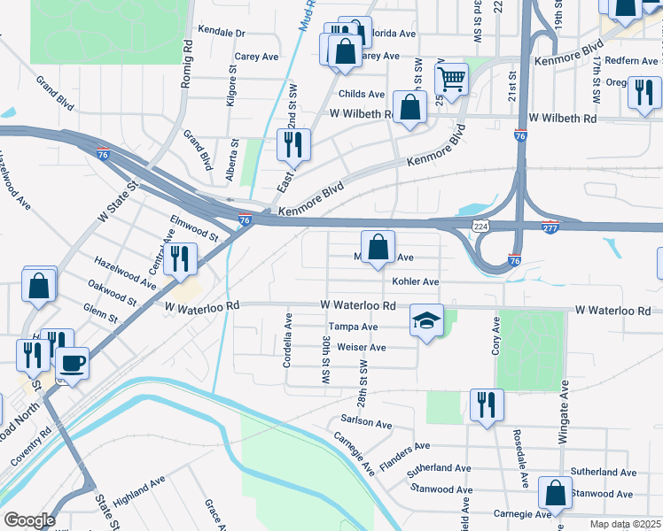 map of restaurants, bars, coffee shops, grocery stores, and more near 2549 30th St SW in Akron