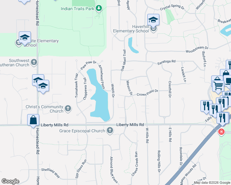 map of restaurants, bars, coffee shops, grocery stores, and more near 10036 Crown Point Drive in Fort Wayne