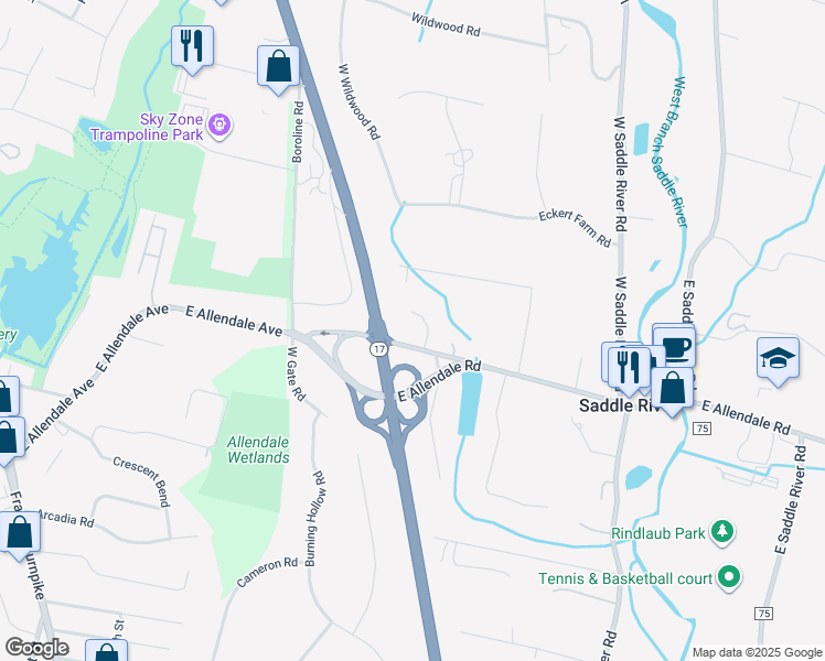map of restaurants, bars, coffee shops, grocery stores, and more near 2 Choctau Trail in Saddle River