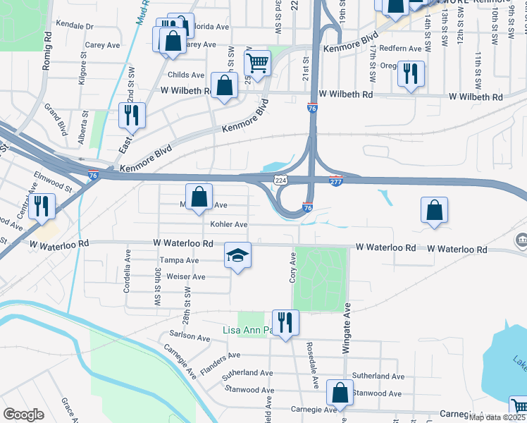 map of restaurants, bars, coffee shops, grocery stores, and more near 1110 McIntosh Avenue in Akron