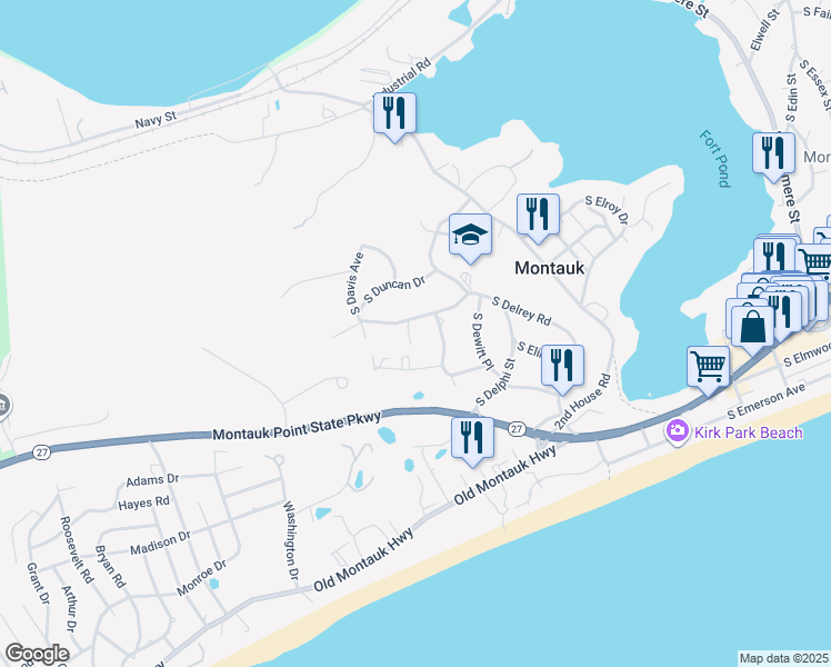 map of restaurants, bars, coffee shops, grocery stores, and more near 73 S Delrey Rd in Montauk