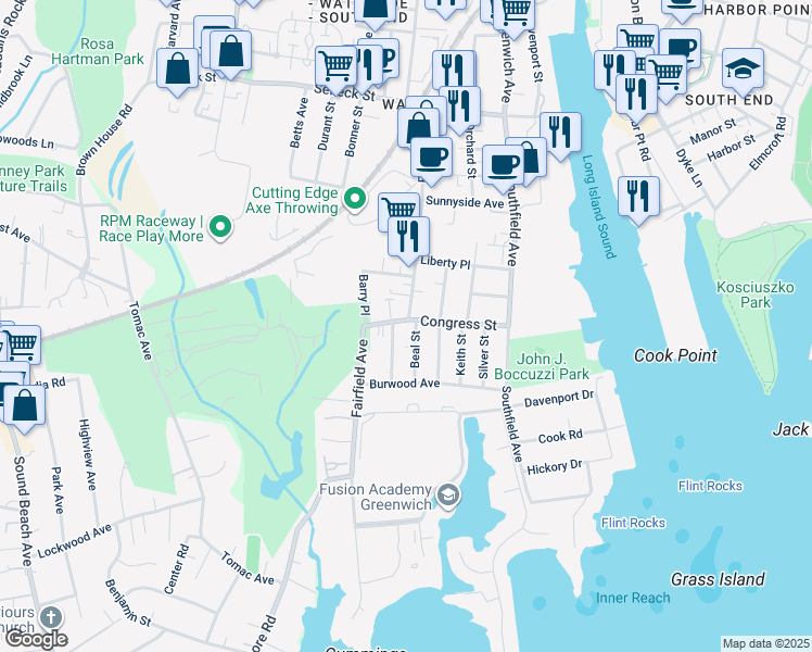 map of restaurants, bars, coffee shops, grocery stores, and more near 526 Fairfield Avenue in Stamford