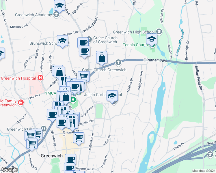 map of restaurants, bars, coffee shops, grocery stores, and more near 98 Putnam Park in Greenwich