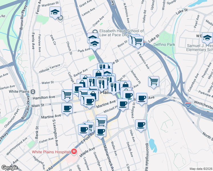 map of restaurants, bars, coffee shops, grocery stores, and more near One North Broadway in White Plains
