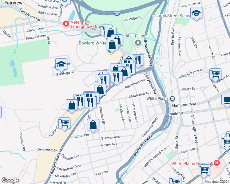 map of restaurants, bars, coffee shops, grocery stores, and more near 309 Central Avenue in White Plains