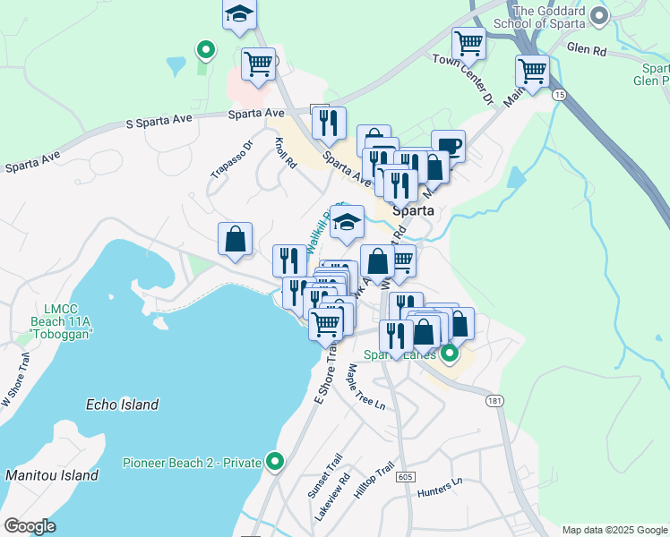 map of restaurants, bars, coffee shops, grocery stores, and more near 8 Apple Tree Lane in Sparta