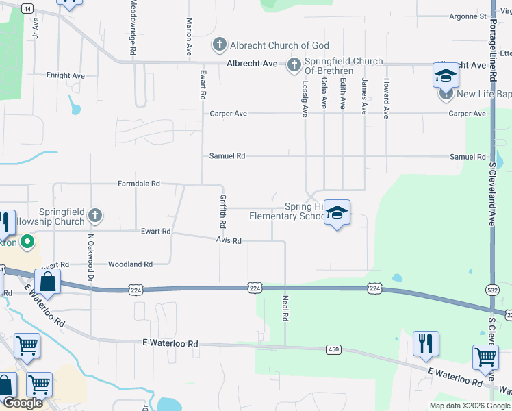 map of restaurants, bars, coffee shops, grocery stores, and more near 3275 Brunk Road in Akron